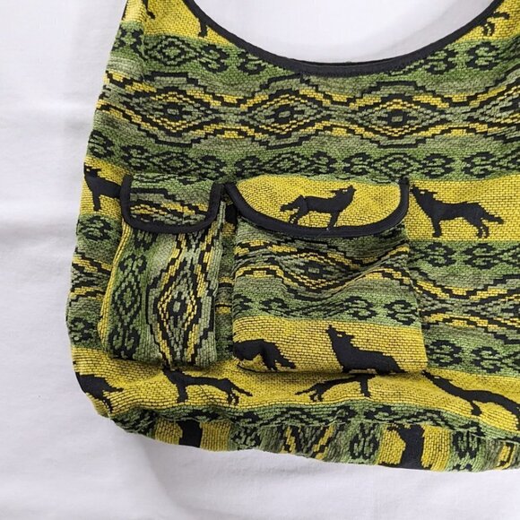 Woven Embroidered Black Green Yellow Wolf Hippie Boho Crossbody Bag - Picture 2 of 7